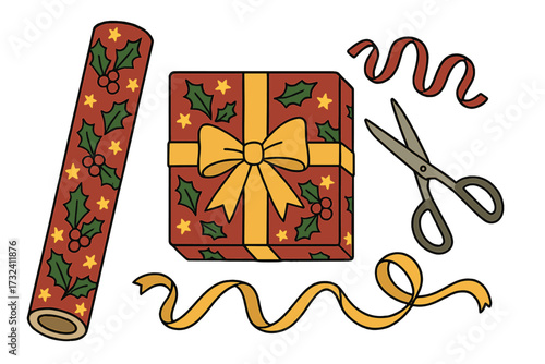 Christmas gift wrapping vector illustration. Preparing for holidays concept. Festive present decoration set with wrapping paper, gift box, bow, scissors, and ribbon. Xmas flat lay.