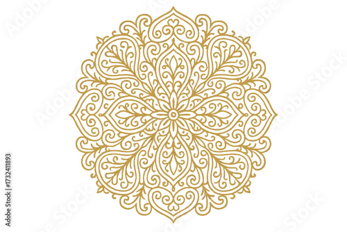 Golden mandala circular pattern. Ornate line art design in eastern style. Vintage filigree ornament for luxury wedding invitations, greeting cards. Traditional arabic decor motif.