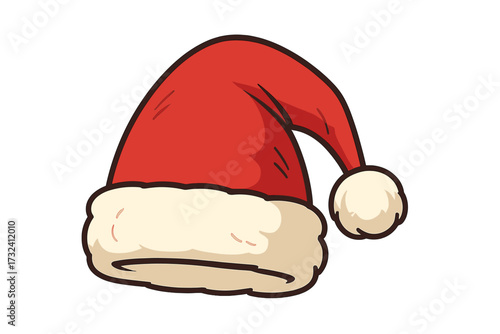 Santa Claus hat vector illustration. Classic red Father Christmas cap with white fur and pompom isolated on white background. Winter holiday cartoon icon. Festive Xmas costume accessory.
