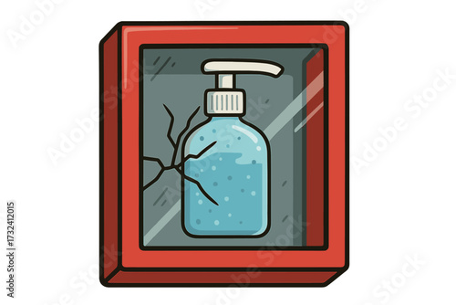 Hand sanitizer in red emergency box. In case of emergency break glass concept. Hygiene, disinfection and health safety. Coronavirus, COVID-19 pandemic protection symbol. Vector.