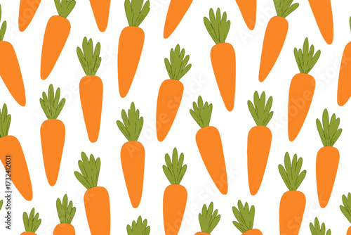Carrot seamless pattern vector. Fresh vegetable background. Healthy organic food texture. Vitamin diet concept. Hand drawn flat illustration for textile, wallpaper, wrapping paper.