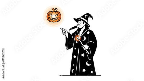 Magic in the Air: A wizard, clad in a long robe and tall hat, conjures a smiling jack-o'-lantern with a wave of their wand, embodying the festive spirit of the autumn season. 