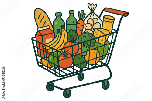Shopping cart full of fresh groceries. Supermarket trolley with healthy food, fruit, vegetables, and daily products. Retail and buying food vector illustration concept.