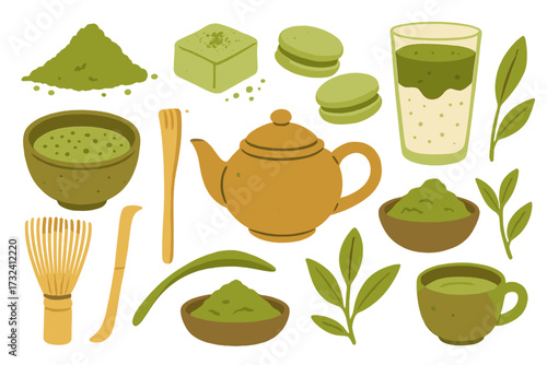 Matcha green tea vector set. Japanese tea ceremony elements. Hand drawn flat icons of powder, latte, mochi, macaron, teapot, bamboo chasen whisk, scoop and leaves illustration.