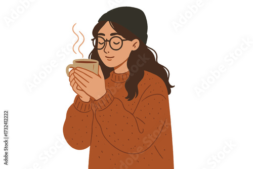 Cozy hipster girl enjoying hot coffee. Young woman in oversize sweater and beanie warming her hands on a steamy mug. Autumn winter comfort and hygge lifestyle vector illustration.