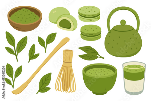 Matcha green tea vector set. Hand drawn collection of Japanese tea ceremony items: powder, mochi, macaron, teapot, bamboo whisk, scoop, leaves. Flat trendy illustration.
