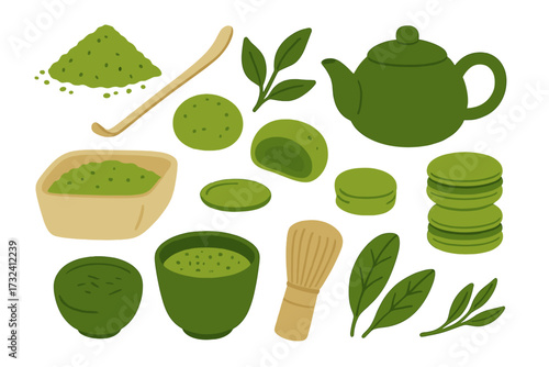 Matcha green tea set. Japanese tea ceremony collection with powder, chasen whisk, bowl, teapot, mochi, macaron. Asian drink and food elements. Hand drawn flat vector illustration.