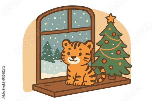 Cute tiger, symbol of the new year 2026, on a windowsill with a Christmas tree. Cozy winter holiday at home. View of the snowy forest from the window. Vector concept.