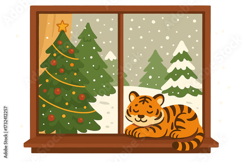 Cute tiger, symbol of the new year 2026, sleeps on a windowsill. Cozy Christmas holiday scene with a decorated tree inside and a snowy winter landscape view outside. Vector.