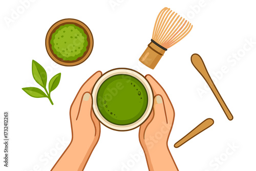 Matcha green tea ceremony flat lay. Hands holding cup. Top view vector with chasen whisk, chashaku spoon, powder, and leaf. Healthy antioxidant drink preparation concept.
