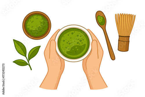 Hands holding matcha green tea cup. Japanese tea ceremony preparation set with chasen whisk, chashaku spoon, powder and leaf. Top view flat lay vector illustration concept.