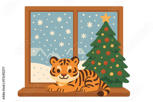 Cute tiger, symbol of 2026, on windowsill with Christmas tree. Chinese New Year greeting card concept. Cozy winter holiday scene with snow outside. Vector flat illustration.