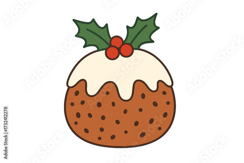 Traditional Christmas pudding with red holly berries, classic festive dessert illustration, hand-drawn flat vector, holiday cake with icing and seasonal decoration on white background