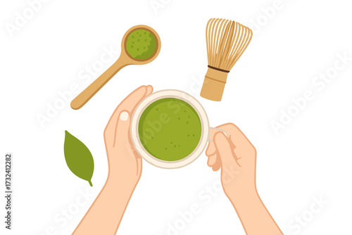 Hands holding cup of matcha green tea. Top view flat lay of Japanese tea ceremony with bamboo whisk chasen, spoon with powder and leaf. Healthy antioxidant drink vector illustration.