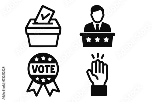 Presidential election vector icon set. Grunge textured symbols for voting, political campaign, and democracy. Includes ballot box, candidate, and vote badge. Your vote matters.
