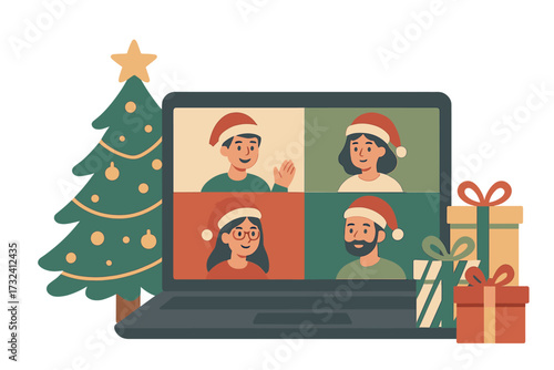 People meeting online for Christmas celebration via video call on laptop. Virtual discussion with friends or family in Santa hats. Festive holiday concept with gifts. Flat vector.