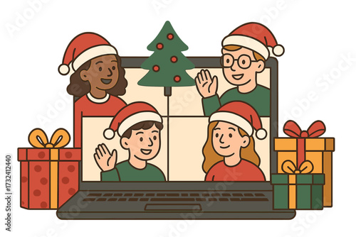 Virtual Christmas celebration concept. Diverse people on a video call. Friends, family meeting online on a laptop for holiday discussion with festive gifts and Santa hats.