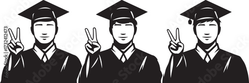 3 simple vector icons of male students wearing graduation caps making a peace sign with their fingers, against a white background