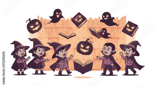 Halloween Celebration in Wonderland: An enchanting and fun-filled illustration featuring a group of children dressed up in Halloween costumes surrounded by spooky ghosts and pumpkins.