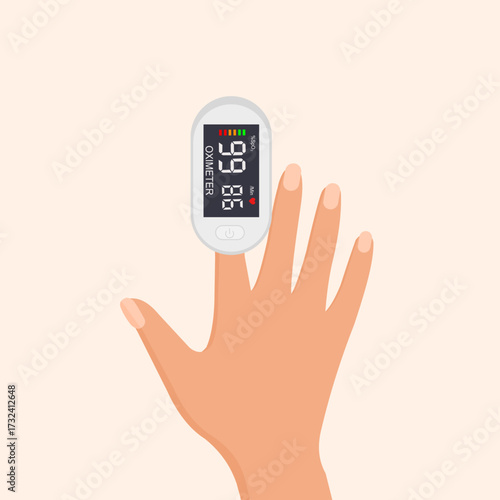 pulse oximeter on the finger, medical device to measure oxygen saturation in the blood, vector illustration