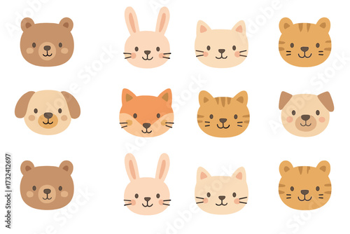 Seamless pattern with cute animal faces. Kawaii cartoon vector background with bear, fox, cat, dog, bunny. Childish hand-drawn print for fabric, baby textile, nursery.