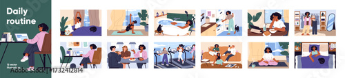 Set of woman's daily routines. Everyday life: wake up, home yoga training, bathing, work, meeting with friends, eating, sport, and going to sleep. Schedule, timetable of day. Flat vector illustrations