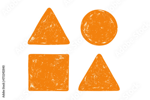 Set of orange grunge shapes for lettering, quotes. Vector design elements with stamp imitation texture. Distressed backgrounds for text. Hand drawn triangle, square, circle.