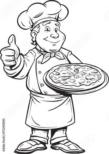 a cartoon black-and-white line drawing of an italian pizza chef with a thumbs-up gesture, holding out his perfect, delicious pizza on a platter for the viewer