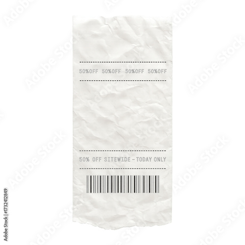 Discount Receipt with 50% Off Offer and Barcode sale promotion isolated on a transparent background