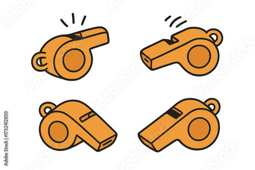 Whistle icon set, flat hand drawn collection of sports referee whistle illustrations for web design, isolated on white background, vector cartoon style, 4 different angles, whistle sounds and signals