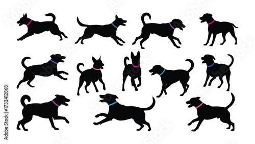 Dog Silhouettes in Action: Dynamic black silhouettes of playful dogs, each with a unique collar, captured mid-action, offering a sense of fun, agility, and motion. 