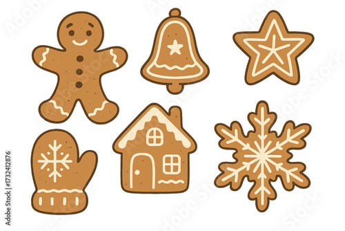 Gingerbread cookies set for Christmas holiday. Cute cartoon vector illustration of festive sweet food. Collection includes gingerbread man, house, star, snowflake, bell, mitten.