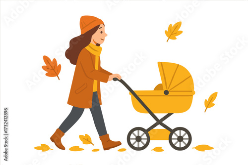 Autumn mother walking with baby stroller in park, woman pushing yellow pram, fall season outdoors, casual warm clothes, cozy family stroll on fallen leaves vector