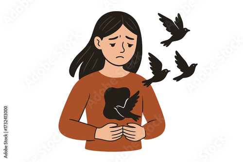 Young sad woman releasing birds from her chest hole, emotional mental health concept, psychological metaphor of freedom, dependence, manipulation, loneliness, healing