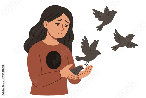 Sad young woman with a hollow chest releasing birds, psychological metaphor of mental health struggles, emotional release, inner emptiness, dependence, healing concept illustration