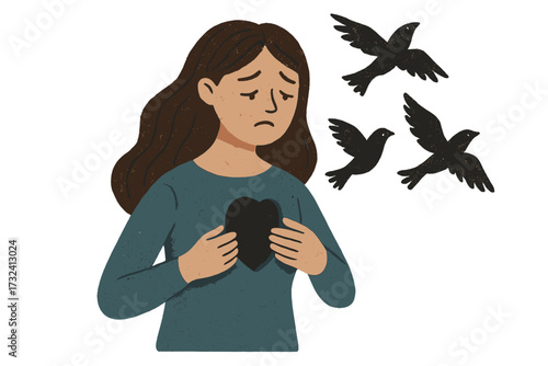 Sad young woman freeing birds from chest hole, psychological metaphor of mental health, emotional release, manipulation, dependence, inner pain, healing concept illustration
