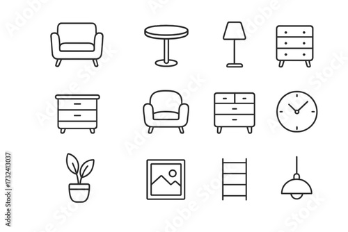 Vector illustration of minimalist modern furniture and home decor icons set with transparent background, including chairs, tables, lamps, clocks, plants, and wall art for interior design