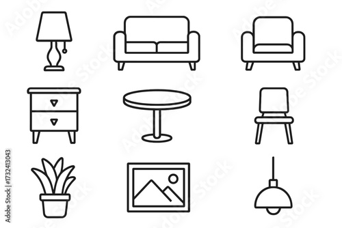 Minimalist vector illustration set of modern living room furniture and decor icons including lamp, sofa, armchair, table, chair, plant, picture frame, and pendant light with transparent background