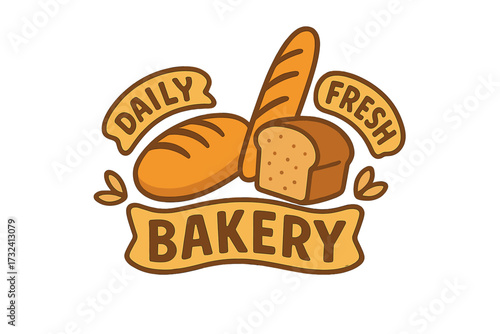 Daily Fresh Bakery Logo Emblem with Bread Loaf and Baguette Illustration, Colorful Retro Style, Vector Cartoon Design for Bakery Shop Branding and Food Packaging
