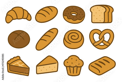 Various bakery and pastry products icons set in flat hand-drawn style, delicious bread, croissant, donut, loaf, cinnamon roll, pretzel, pie, cheesecake, muffin, isolated vector cartoon illustration