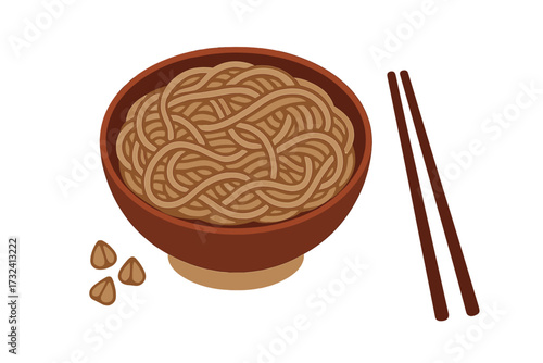Soba noodles in a bowl with chopsticks. Vector illustration of traditional Japanese food isolated on white background. Boiled buckwheat pasta, healthy Asian cuisine concept, grains.