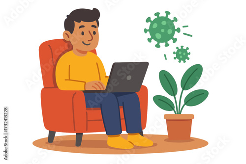 Man working from home on laptop during coronavirus pandemic. Stay home, self-quarantine for health protection against covid-19 virus. Remote job, freelancer lifestyle concept.