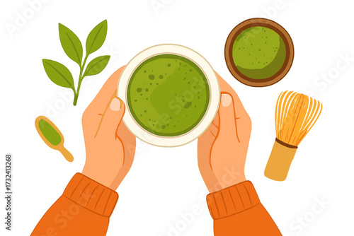 Hands holding matcha green tea cup. Top view flat lay composition with Japanese tea ceremony elements. Vector illustration of healthy organic antioxidant drink with powder and whisk.