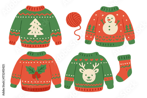 Ugly Christmas sweater collection. Cute winter knitted jumpers with reindeer, snowman, tree and holly. Vector cartoon set with sock, clew for holiday party. Flat hand drawn style.
