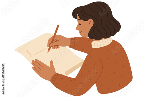 Woman writing a Dear Santa letter with a pencil. Christmas holiday tradition, girl creating a wish list. Hands writing a message on paper. New Year celebration mail. Vector.