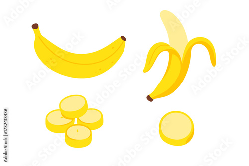 Yellow banana colorful set. Exotic tropical fruit isolated on white background. Peeled, sliced, and whole banana. Fresh vegetarian healthy food with vitamins. Flat vector design.