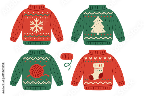Set of ugly Christmas sweaters. Vector collection of cute, cozy winter jumpers. Hand drawn festive knitted pullover illustration with snowflake, tree, sock and yarn clew.