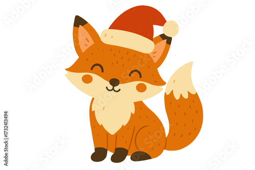 Cute Christmas fox in Santa hat. Funny baby woodland animal character isolated on white. Winter holiday vector illustration for greeting card, print, nursery art or sticker design.