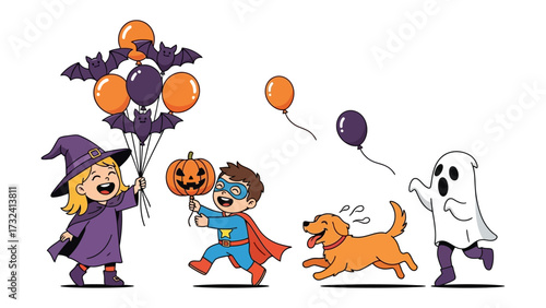 Happy Halloween Illustration: A whimsical illustration for Halloween of excited children in costumes, and happy dog, filled with a sense of joy and celebration. 
