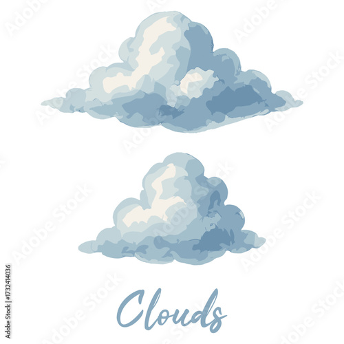 clouds in watercolor illustration style, isolated vector on white background